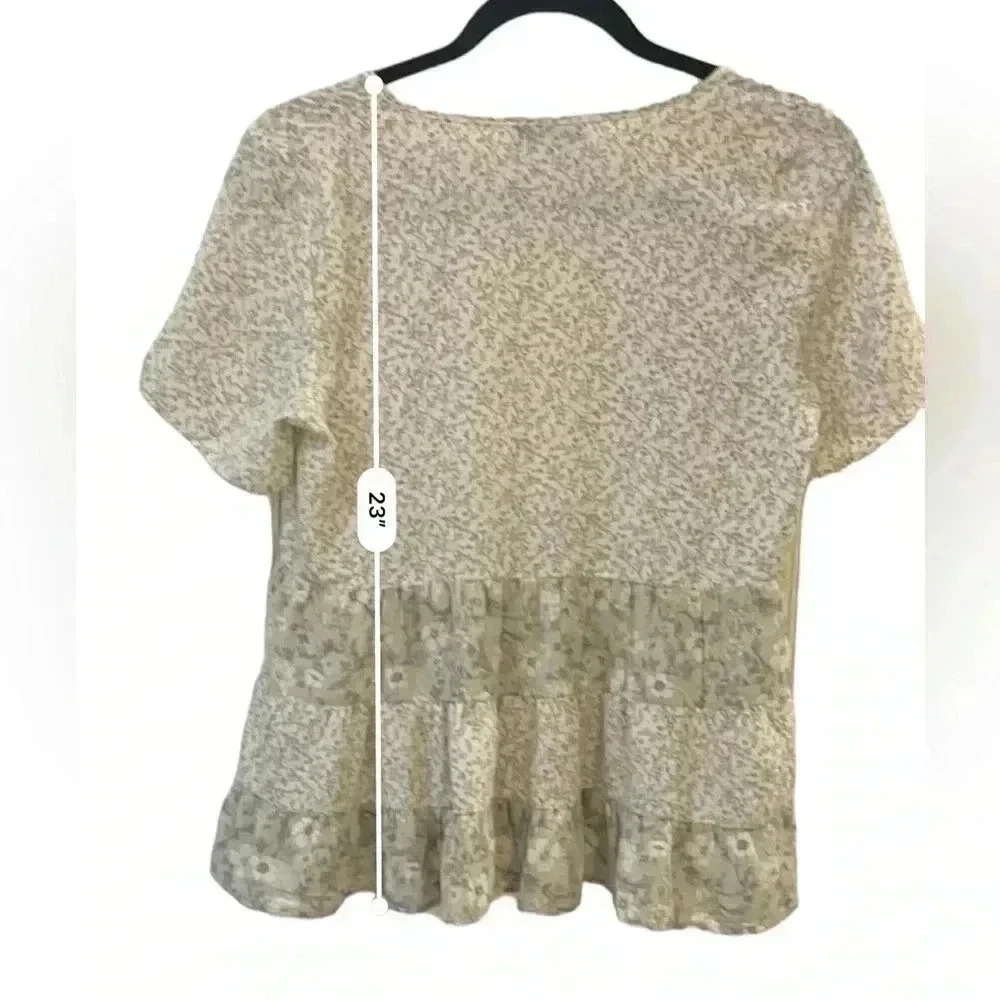 Paper Crane mixed media baby doll short sleeve top green floral small - Picture 5 of 9